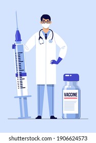 People vaccination concept for immunity health. Covid-19.
Young doctor man in mask with syringe and vaccine isolated on blue background. Healthcare, coronavirus, prevention and immunize.