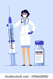 People vaccination concept for immunity health. Covid-19.
Young doctor woman in mask with syringe and vaccine isolated on blue background. Healthcare, coronavirus, prevention and immunize.