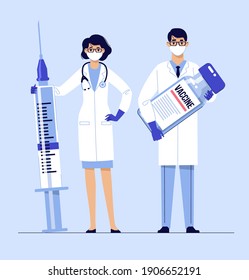 People vaccination concept for immunity health. Covid-19.
Young doctors man and woman in masks with syringe and vaccine isolated on blue background. Healthcare, coronavirus, prevention and immunize.