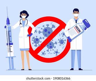 People vaccination concept for immunity health. COVID-19 sign. Young doctors, man and woman in masks with syringe and vaccine on coronavirus background. Health care, pneumonia prevention and immunize.