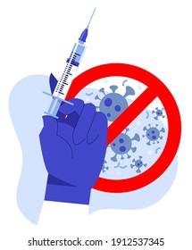 People vaccination concept for immunity health. Covid-19 sign.
Doctor gloved hand with syringe on anti coronavirus background. Health care, pneumonia prevention and immunize.
