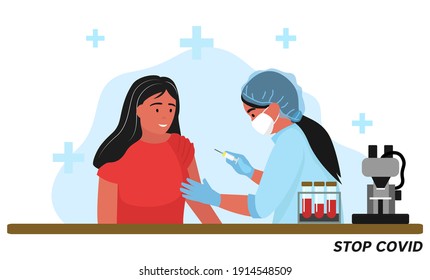 People vaccination concept for immunity health. Doctor makes an injection of flu vaccine to a woman in hospital. Healthcare, medical treatment, prevention and immunize. covid-19, coronavirus