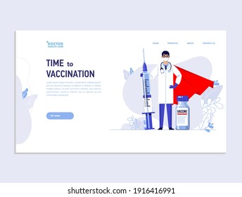 People vaccination concept for immunity health. Covid-19.
Young doctor hero man in protective mask with syringe and vaccine. Web banner, landing page. Healthcare, coronavirus, prevention and immunize.