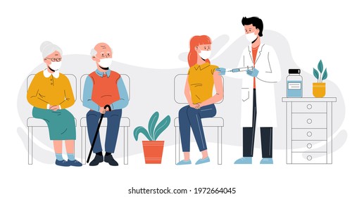 People vaccination concept for immunity health. Covid-19. A doctor in a clinic giving a coronavirus vaccine to woman. Elderly patients are waiting in line. Healthcare, coronavirus, prevention 