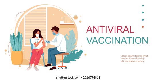 
People vaccination concept for immunity health vector illustration. Covid-19. Man doctor makes an injection of flu vaccine in hospital landing page. Getting first covid vaccine shot in arm muscle.