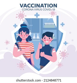 People vaccination concept for immunity health. Covid-19. Doctor makes an injection of flu vaccine to man in hospital. Patients are waiting in line. Healthcare, coronavirus, prevention and immunize.