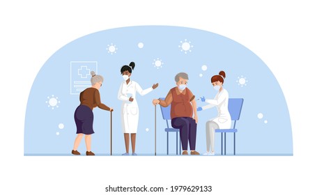 People vaccination for immunity health. Senior age queue up for vaccinations. Nurse in clinic giving coronavirus vaccine to elderly man use syringe isolated cartoon vector