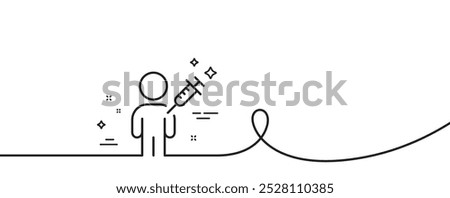 People vaccination line icon. Continuous one line with curl. Vaccine syringe sign. Man jabbed symbol. People vaccination single outline ribbon. Loop curve pattern. Vector