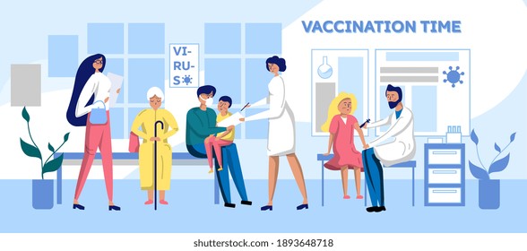 People vaccination time against flu virus disease in clinic. Children and adult patient in medical hospital getting injection for protection from coronavirus Covid19, influenza vector illustration
