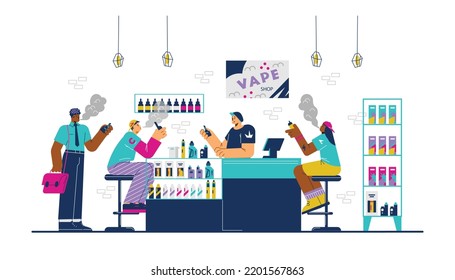 People Vaping In Vape Shop, Flat Vector Illustration On White Background. Group Of Diverse People Testing Liquids For Electronic Cigarettes. Concepts Of Smoking And Addiction.