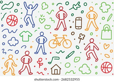 Pessoas em várias atividades e objetos em estilo de arte linear