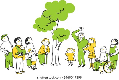 People of various ages and circumstances looking at a young tree that has grown large Stock Illustration
