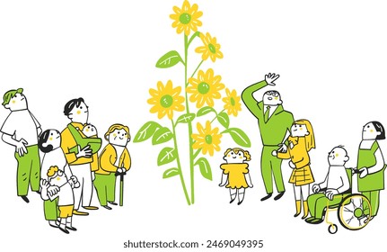 Personas de varias edades y circunstancias mirando a los girasoles que han crecido Grande material de ilustración
