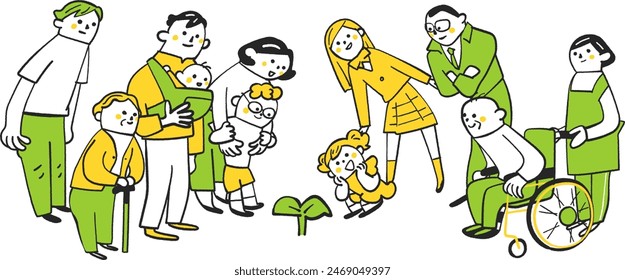 People of various ages and circumstances surrounding the sprout Stock Illustration
