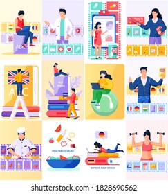 People in various common situations scenes set. Online education, cooking blog and medicine, e-learning, students which study remotely, medical consultation with doctor. Different people men and women