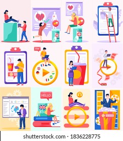 Gente en varias situaciones comunes escenas establecidas. Educación en línea, videoconferencia, cine en casa, e-learning, estudiantes que estudian a distancia. Diferentes personas hombres y mujeres se comunican a través de internet