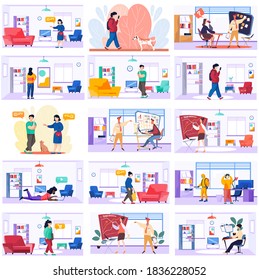 People in various common situations work at a table in office, at home scenes set. Different people men and women communicating, talking, walking on the street, meeting in office. Indoor disinfection