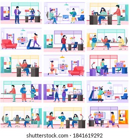 People in various common situations work at a table in office, at home scenes set. Different people men and women communicating, talking, meeting in office. Character does sport with online class