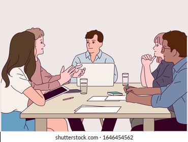 People from various countries and races sit at the office table and have a business conversation together. hand drawn style vector design illustrations. 