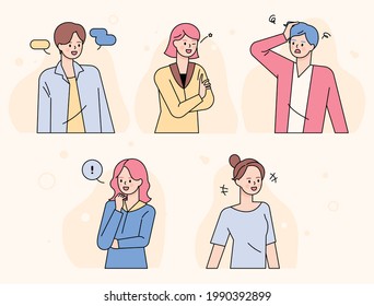 People with various facial expressions and gestures. flat design style minimal vector illustration.