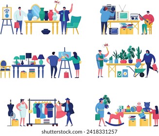 People at various flea market stalls selling items, electronics sale, garage sale with plants, customers shopping. Shopping, bargain hunting, secondhand goods sales vector illustration.