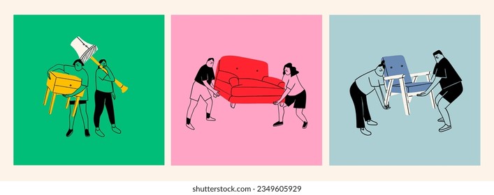 People with various furniture. Movers carrying couch, armchair, commode, floor lamp. Cute isolated characters. Cartoon style. Hand drawn Vector illustration. Relocation, moving, permutation concept