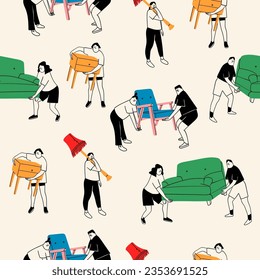 People with various furniture. Movers carrying sofa, armchair, commode, floor lamp. Cute characters. Cartoon style. Hand drawn Vector illustration. Square seamless Pattern. Background, wallpaper