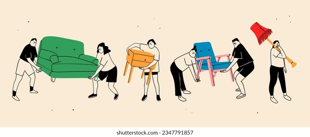 People with various furniture set. Movers carrying sofa, armchair, commode, floor lamp. Cute isolated characters. Cartoon style. Hand drawn Vector illustration. Relocation, moving, permutation concept