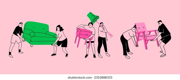 People with various furniture set. Movers carrying sofa, armchair, commode, floor lamp. Cute isolated characters. Cartoon style. Hand drawn Vector illustration. Relocation, moving, permutation concept