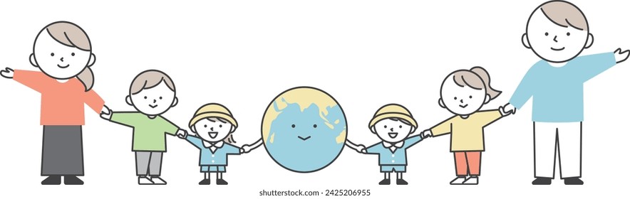 People from various generations holding hands with the earth.
Image of protection of the global environment and peace.