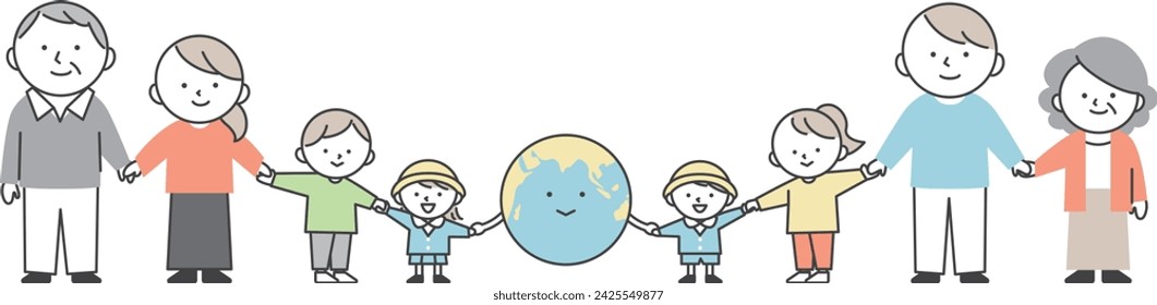 People from various generations holding hands with the earth.
Image of protection of the global environment and peace.