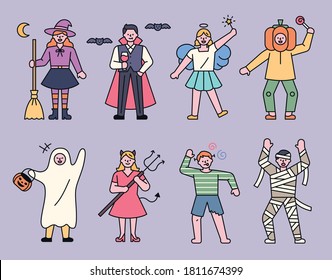 People in various Halloween costumes. flat design style minimal vector illustration.