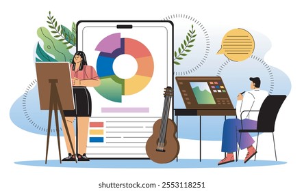 People with various hobbies. Man graphic designer and woman artist draws near violin. Music and drawing. Creativity and art. Flat vector illustration isolated on white background