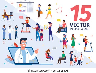 People Various Lifestyle Scenes And Situations Trendy Flat Vectors Set. University Students, Parent With Child Visiting Doctor, Clinic Or Hospital Personnel, College Lecturer Characters Illustrations