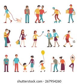 People In Various Lifestyles, Businesspeople, Woman Walking To The Dog, Teenager, Hipster, Friends, Woman Doing Yoga, Homosexual, Couple, Lovers, Family. Character Set With Flat Design Style.