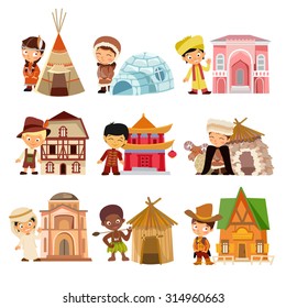 People of various nationalities with their traditional houses. People from around the world with traditional buildings. Cartoon characters icon set. Vector illustration