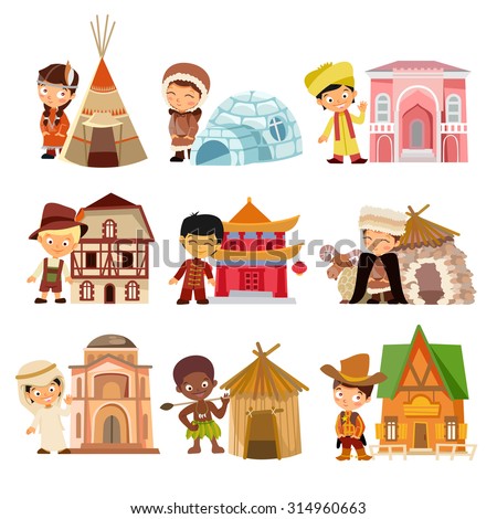 People Various Nationalities Their Traditional Houses 