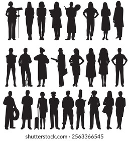 People with various occupations and professions standing together. silhouettes set collection of diverse professional on isolated white background.