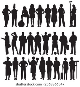 People with various occupations and professions standing together. silhouettes set collection of diverse professional on isolated white background.