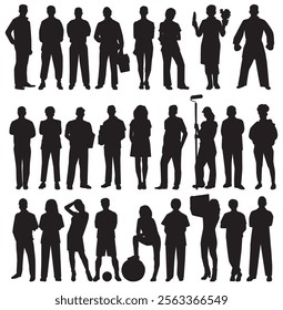 People with various occupations and professions standing together. silhouettes set collection of diverse professional on isolated white background.