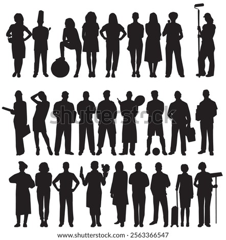 People with various occupations and professions standing together. silhouettes set collection of diverse professional on isolated white background.