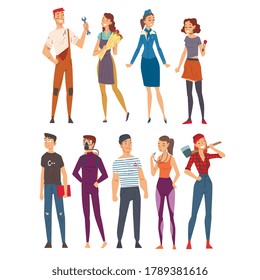 People of Various Occupations Set, Plumber, Florist, Singer, Stewardess, Programmer, Diver, Sailor, Coach, Lumberjack Vector Illustration