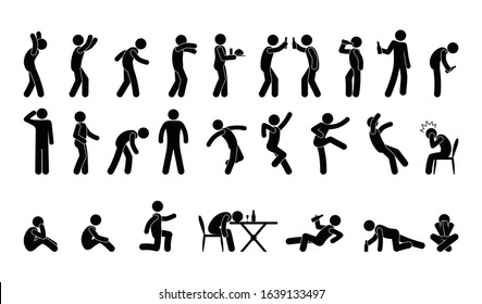 People In Various Poses, Stick Figure Man Icon, Isolated Silhouettes, Drunk Man, Alcoholic Illustration