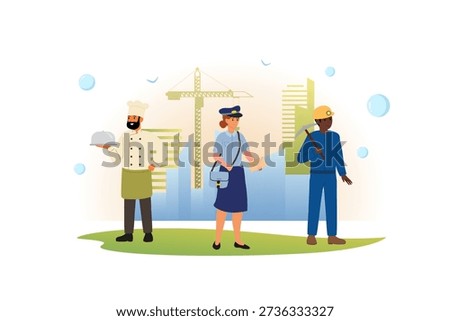 People of various professions in city. Cook, postman, miner against the backdrop of megalopolis. Flat vector illustration.