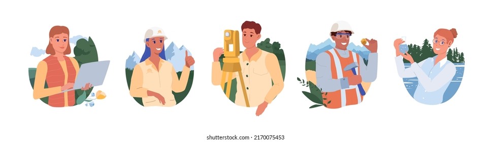 People of various professions: ecologist, geodesist, geologist, hydrologist, etc. against the backdrop of nature. Flat, Vector illustration