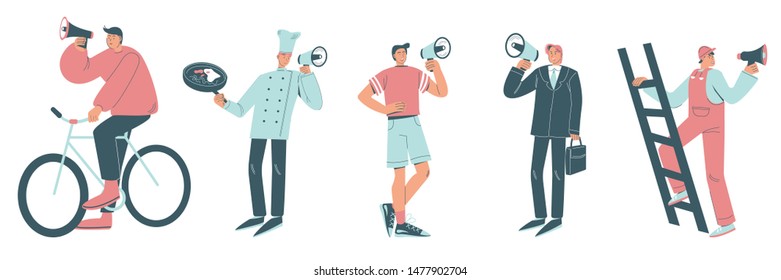 People of various professions with megaphones, vector flat style design illustration isolated on white background. Announcement concept for web banner, website page etc.