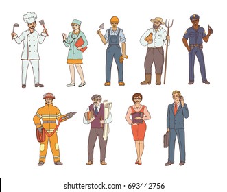 People of various professions in overalls and with tools in hand. Vector colored sketch of a realistic illustration. Women and men working in different sectors of production and services.