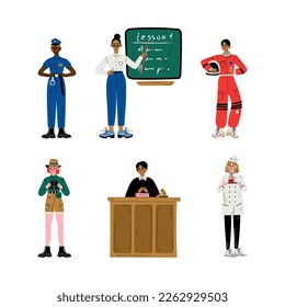Menschen verschiedener Berufe setzen sich ein. Polizist, Lehrer, Rennfahrer, Reisende, Richter, Koch-Karikatur, Vektorgrafik