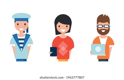 People of Various Professions Set, Programmer, Businesswoman, Sailor Characters Cartoon Vector Illustration