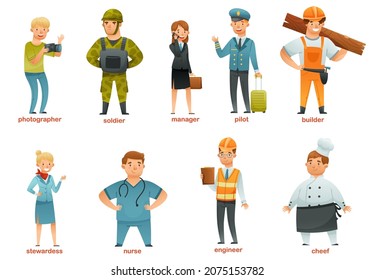 Menschen verschiedener Berufe setzen sich ein. Soldat, Stewardess, Geschäftsfrau, Kapitän, Fotograf, Pilot, Tischler, Ingenieur, Koch-Charaktere Cartoon Vektorgrafik